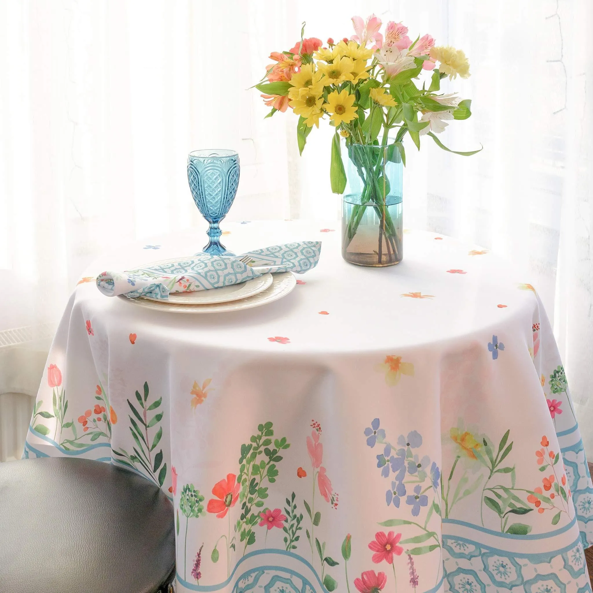Floral Color Round Tablecloth 60 inch Diameter Non Iron Stain Resistant