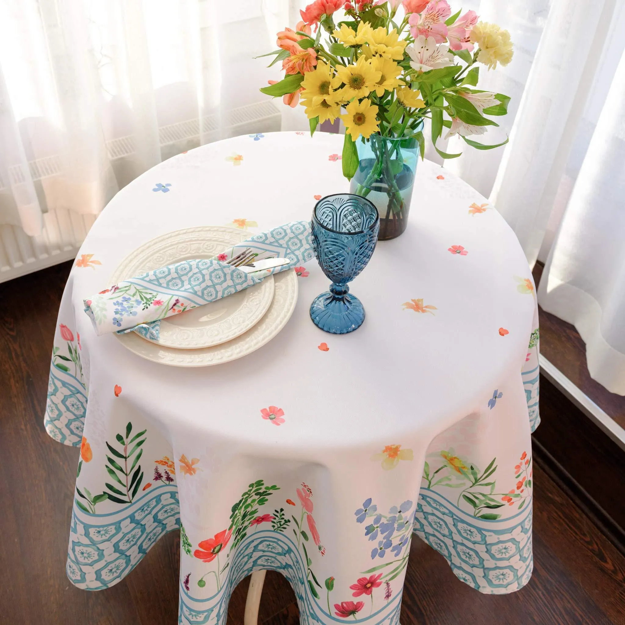 Floral Color Round Tablecloth 60 inch Diameter Non Iron Stain Resistant