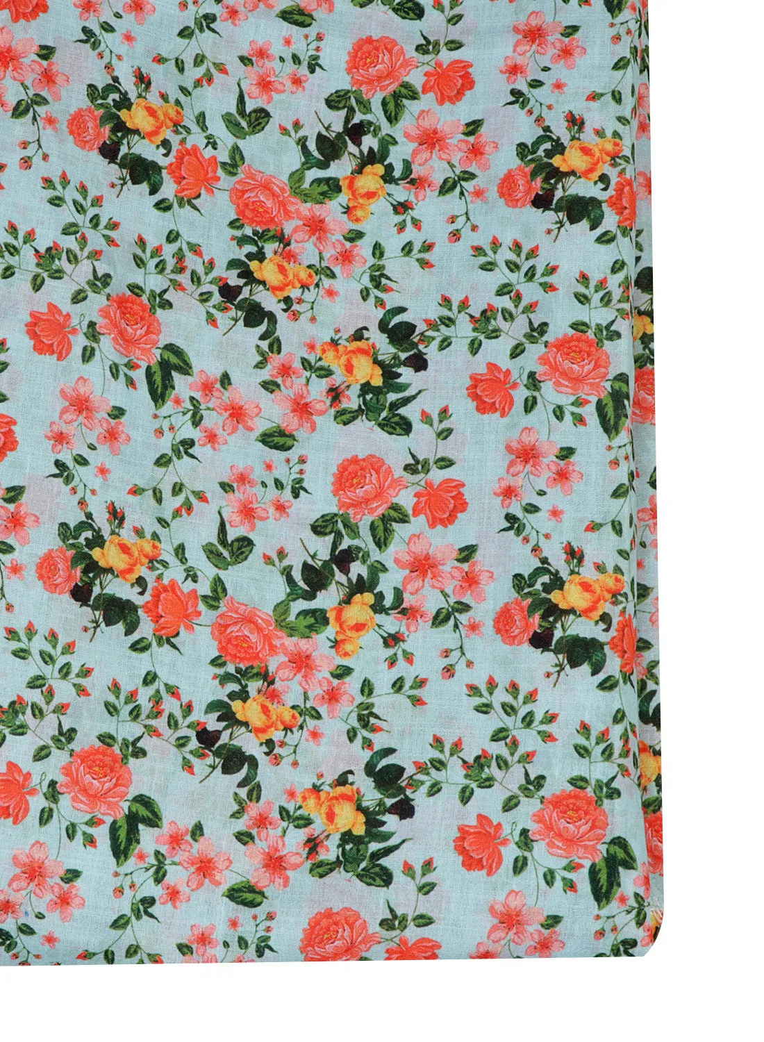 Floral printed Sky Blue and Peach Cotton Linen Blend Fabric