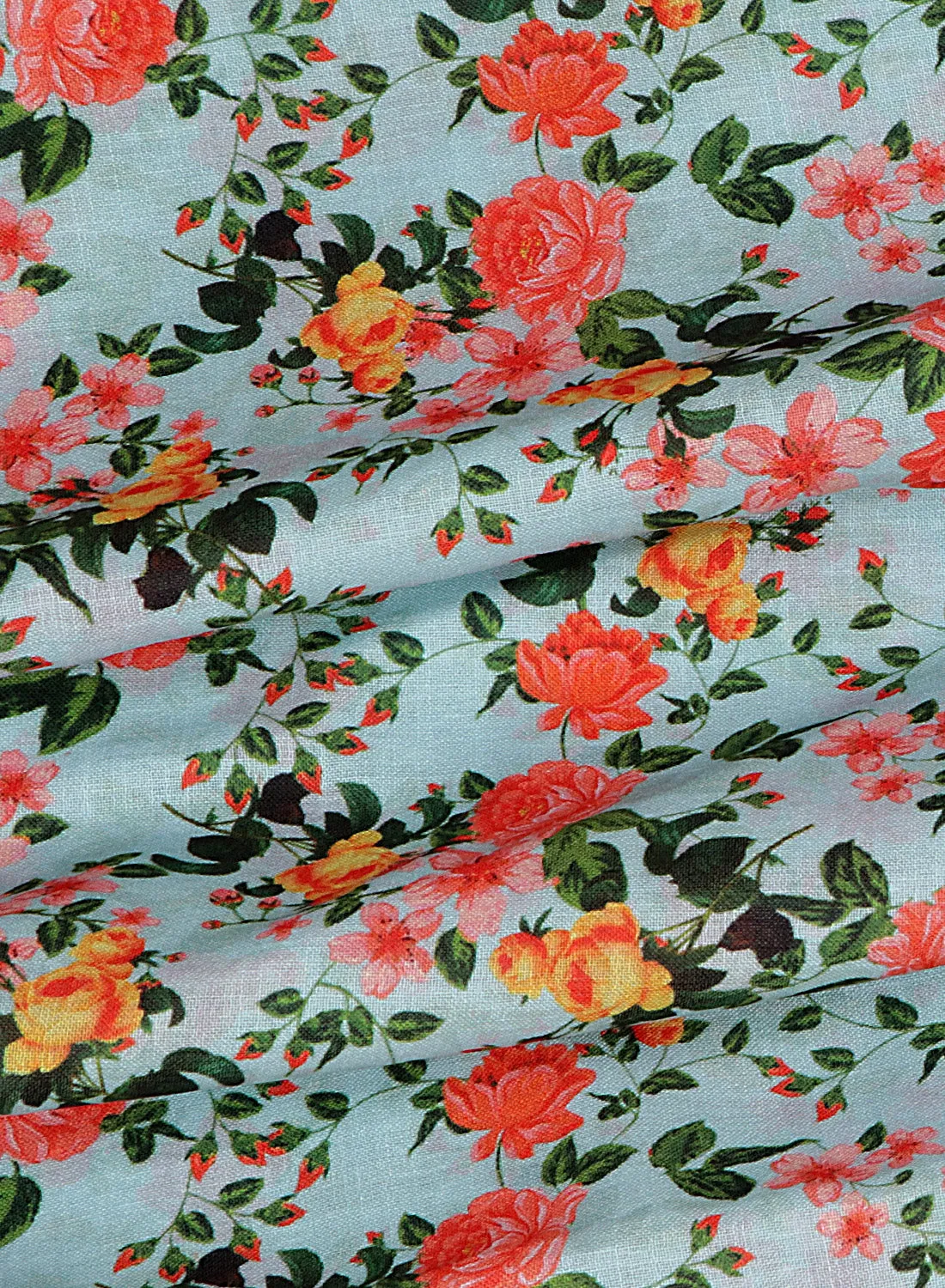 Floral printed Sky Blue and Peach Cotton Linen Blend Fabric