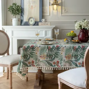 Green Plant Tablecloth American Retro Bamboo Linen Tassel Tablecloth Rectangular Tablecloth