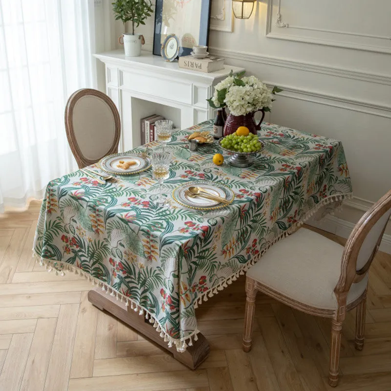 Green Plant Tablecloth American Retro Bamboo Linen Tassel Tablecloth Rectangular Tablecloth