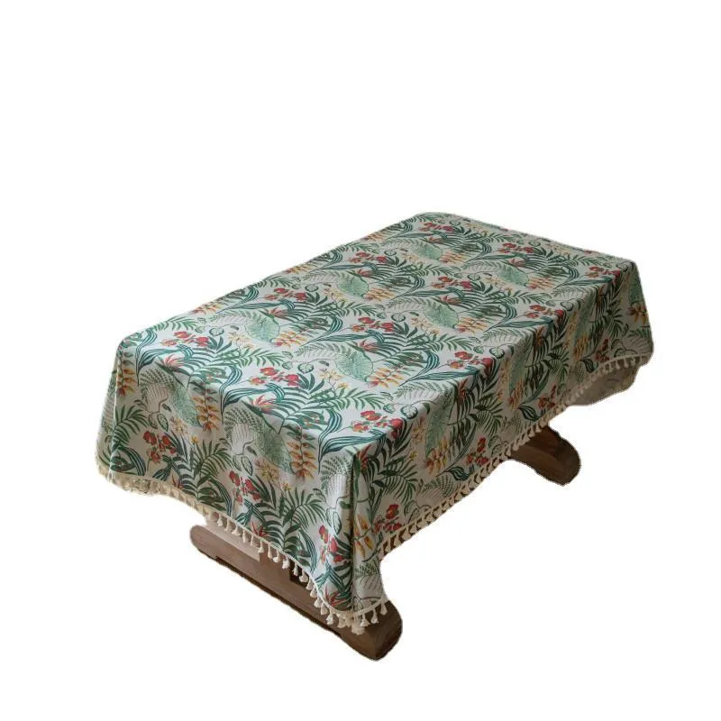 Green Plant Tablecloth American Retro Bamboo Linen Tassel Tablecloth Rectangular Tablecloth