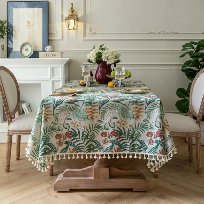 Green Plant Tablecloth American Retro Bamboo Linen Tassel Tablecloth Rectangular Tablecloth