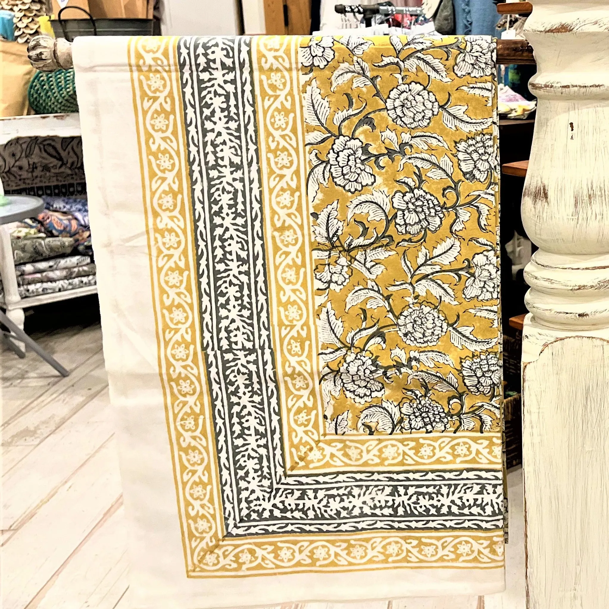 Hand Block Printed Tablecloth - Yellow & Gray Rose Garden
