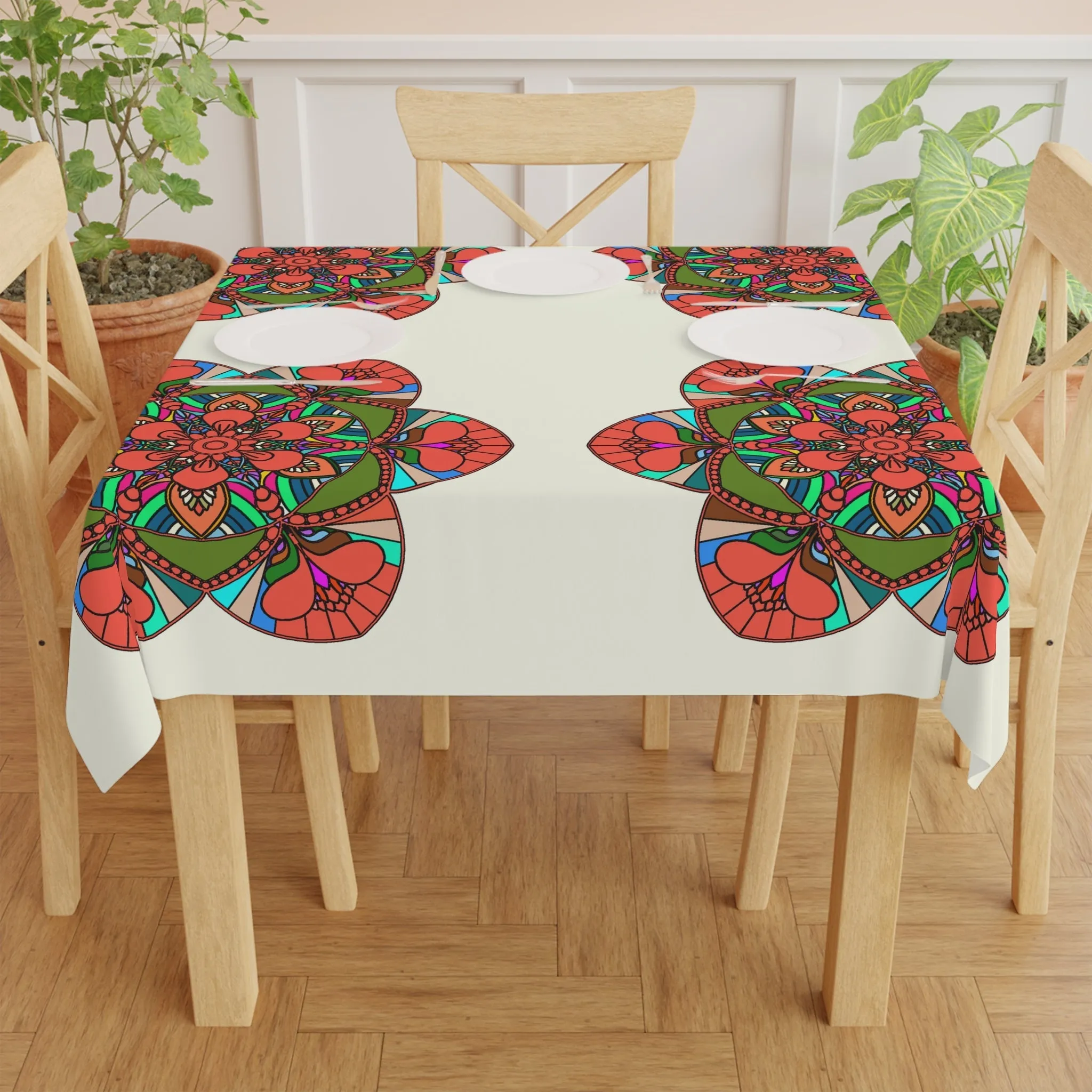 Handmade Mandala Design Ivory Square Tablecloth
