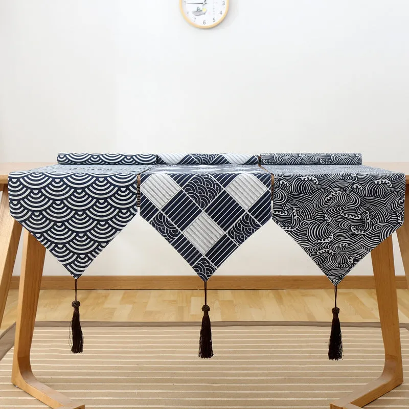 Japanese Style Cotton Linen Table Runner Plaid Tea Mat Zen Linen Retro Japanese Style Tablecloth Plate Mat Tablecloth