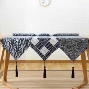 Japanese Style Cotton Linen Table Runner Plaid Tea Mat Zen Linen Retro Japanese Style Tablecloth Plate Mat Tablecloth