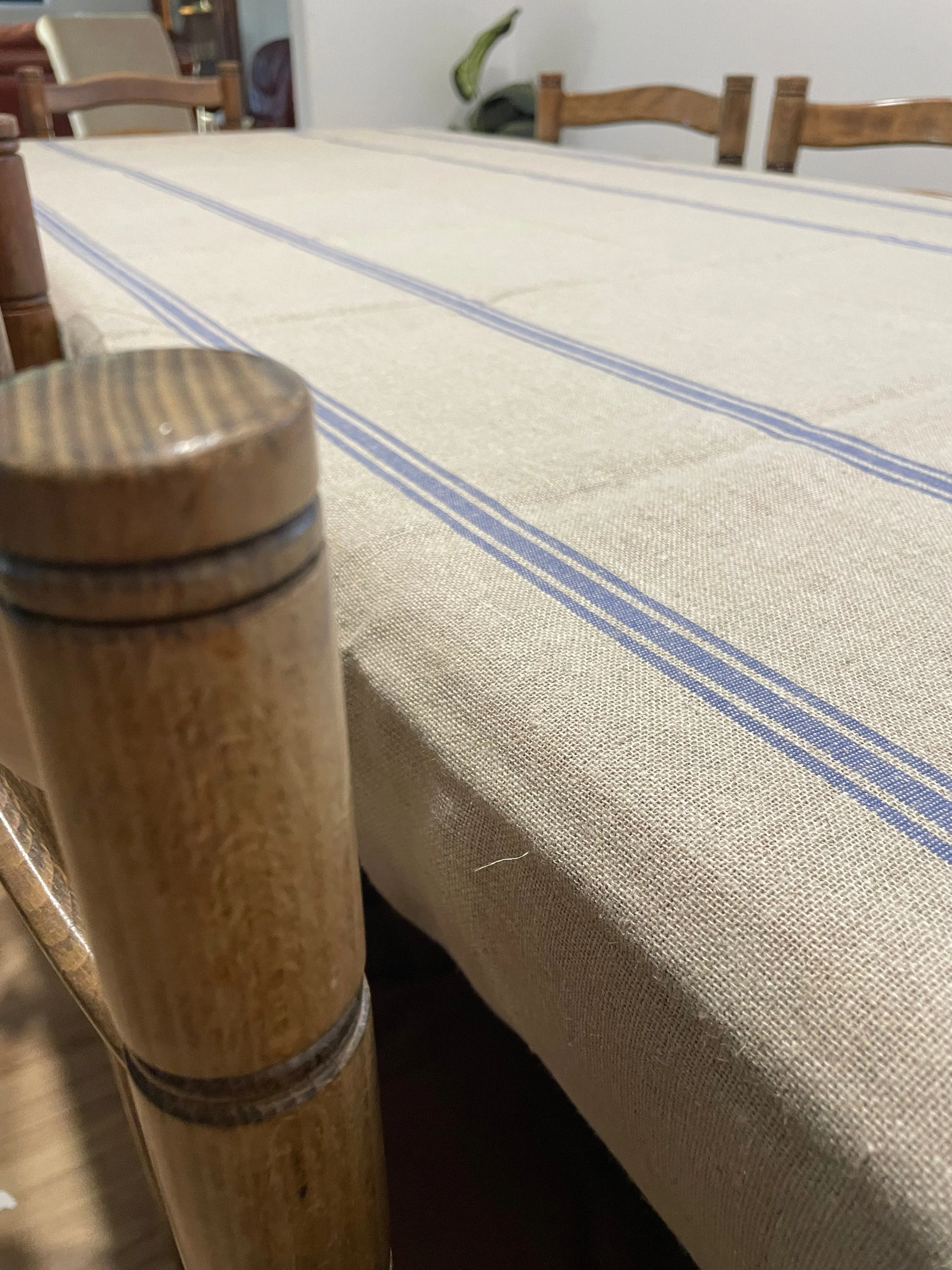Luxurious 100% French Linen Tablecloth with Grain Stripe in Natural Blue