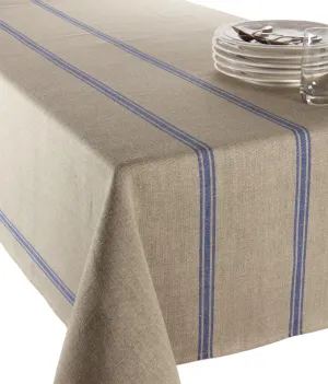 Luxurious 100% French Linen Tablecloth with Grain Stripe in Natural Blue