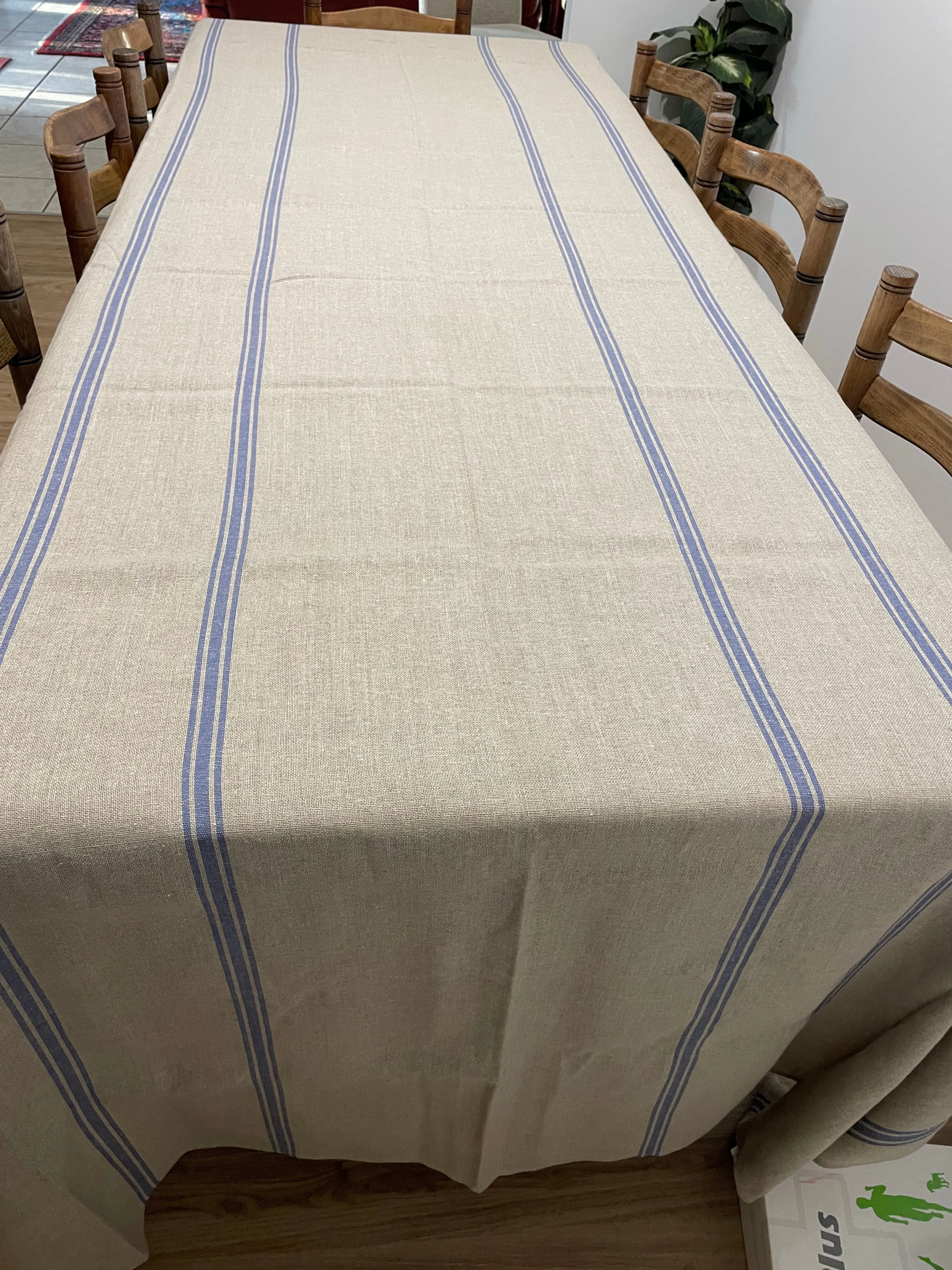 Luxurious 100% French Linen Tablecloth with Grain Stripe in Natural Blue
