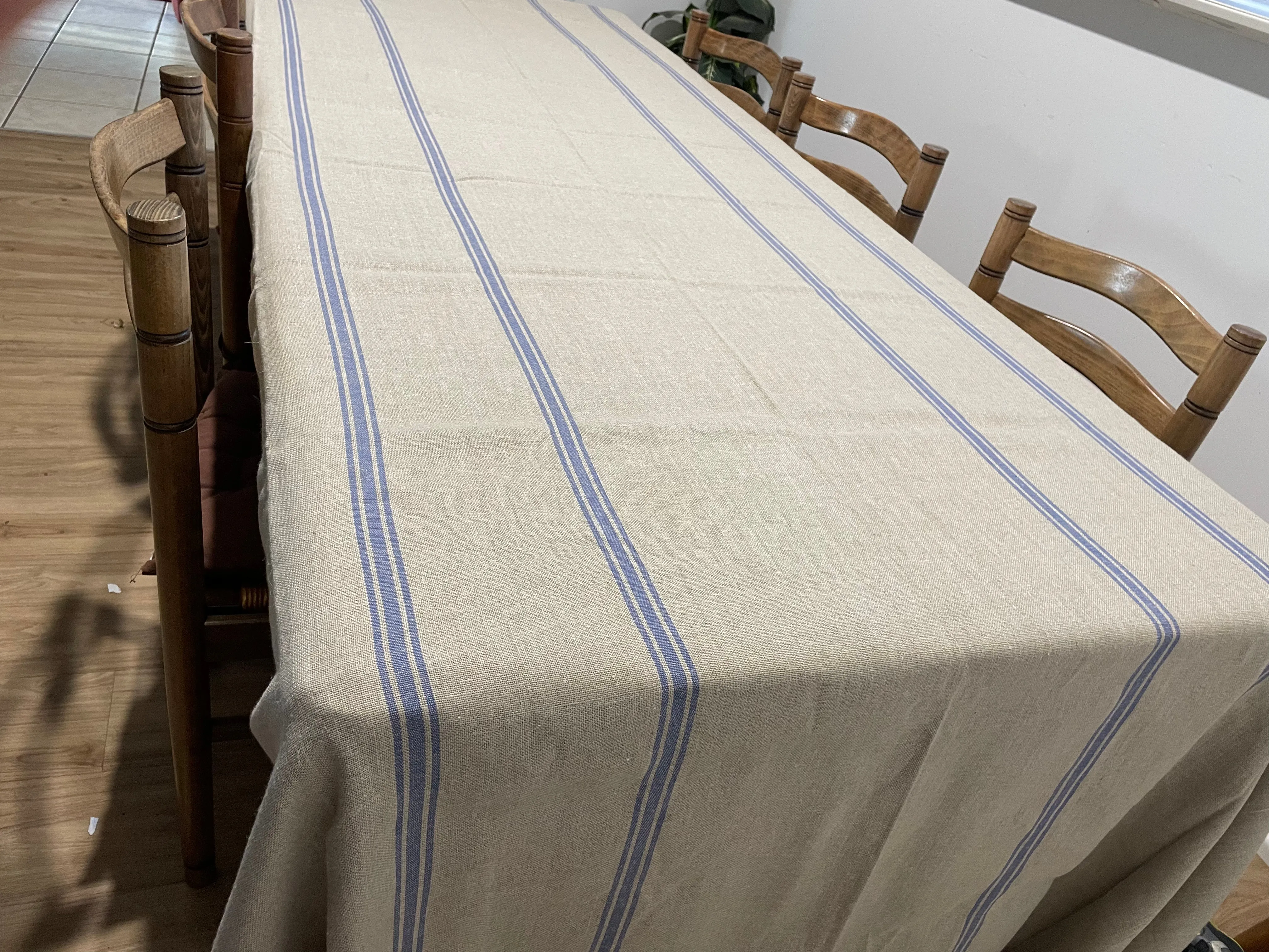 Luxurious 100% French Linen Tablecloth with Grain Stripe in Natural Blue