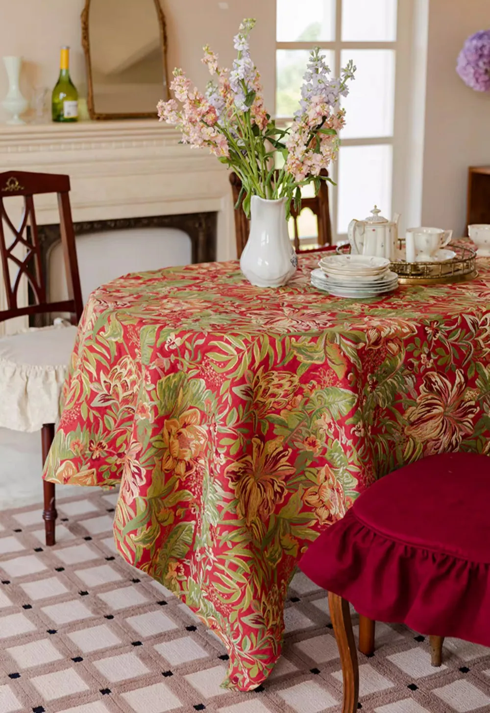 Large Modern Rectangle Tablecloth for Dining Table, Flower Pattern Red Table Covers for Round Table, Farmhouse Table Cloth for Oval Table