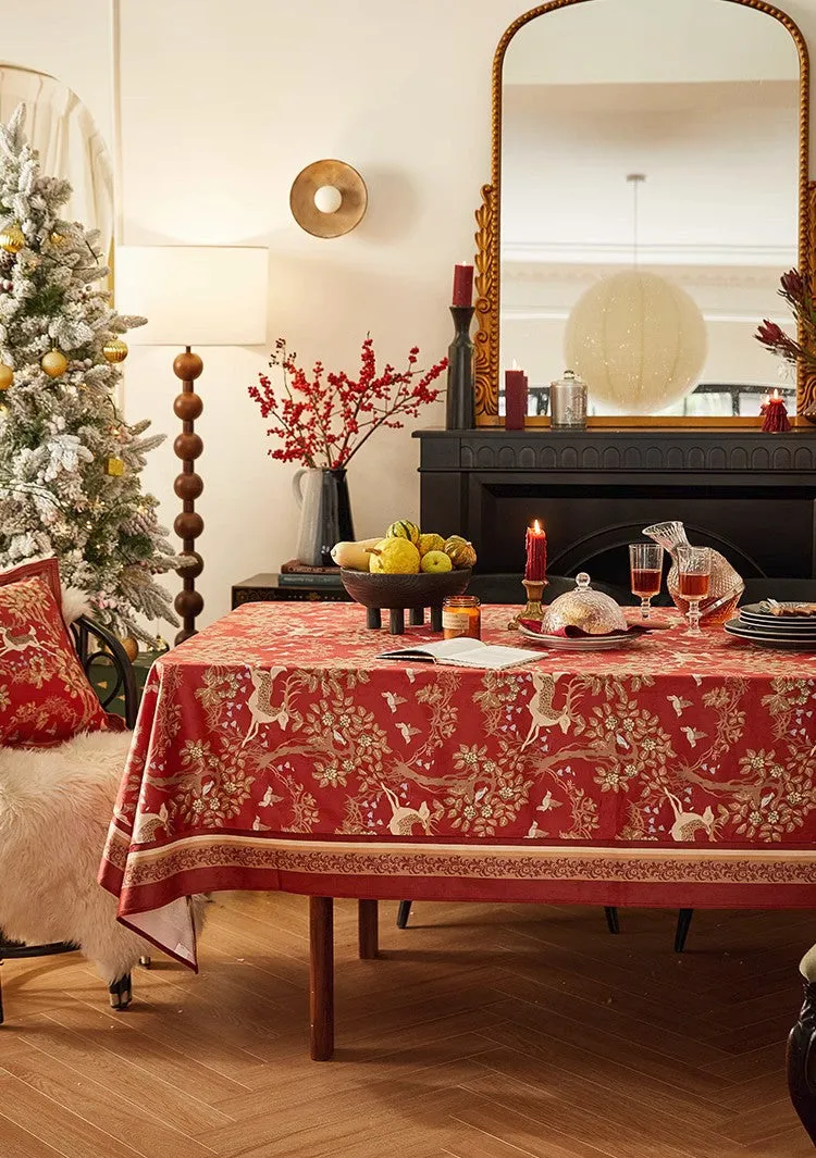 Long Modern Rectangular Tablecloth for Dining Room Table, Forest Deer Red Table Covers, Square Tablecloth for Kitchen, Extra Large Tablecloth for Round Table