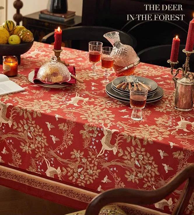 Long Modern Rectangular Tablecloth for Dining Room Table, Forest Deer Red Table Covers, Square Tablecloth for Kitchen, Extra Large Tablecloth for Round Table