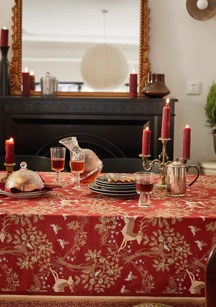 Long Modern Rectangular Tablecloth for Dining Room Table, Forest Deer Red Table Covers, Square Tablecloth for Kitchen, Extra Large Tablecloth for Round Table