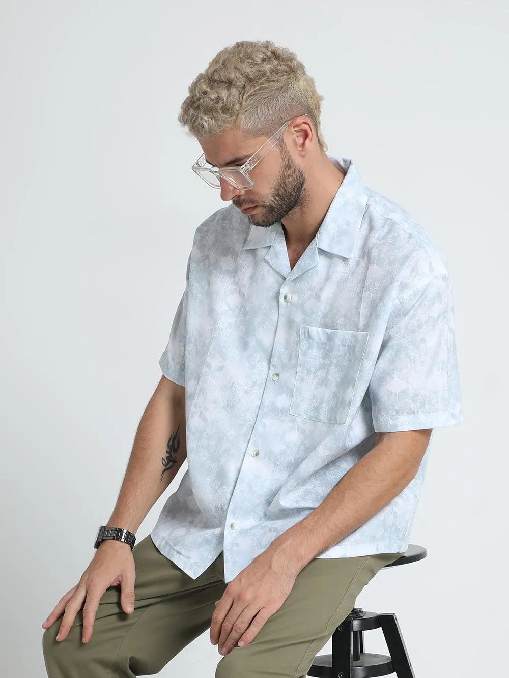 Men's Tropical Blue Printed Baggy Short Sleeve Shirt