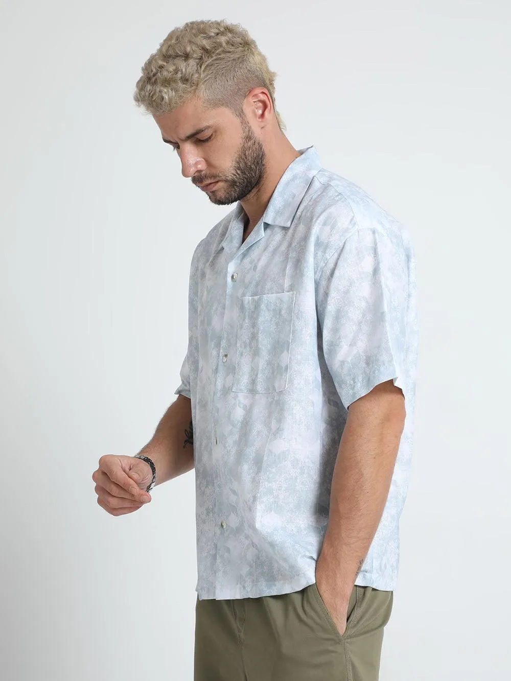 Men's Tropical Blue Printed Baggy Short Sleeve Shirt
