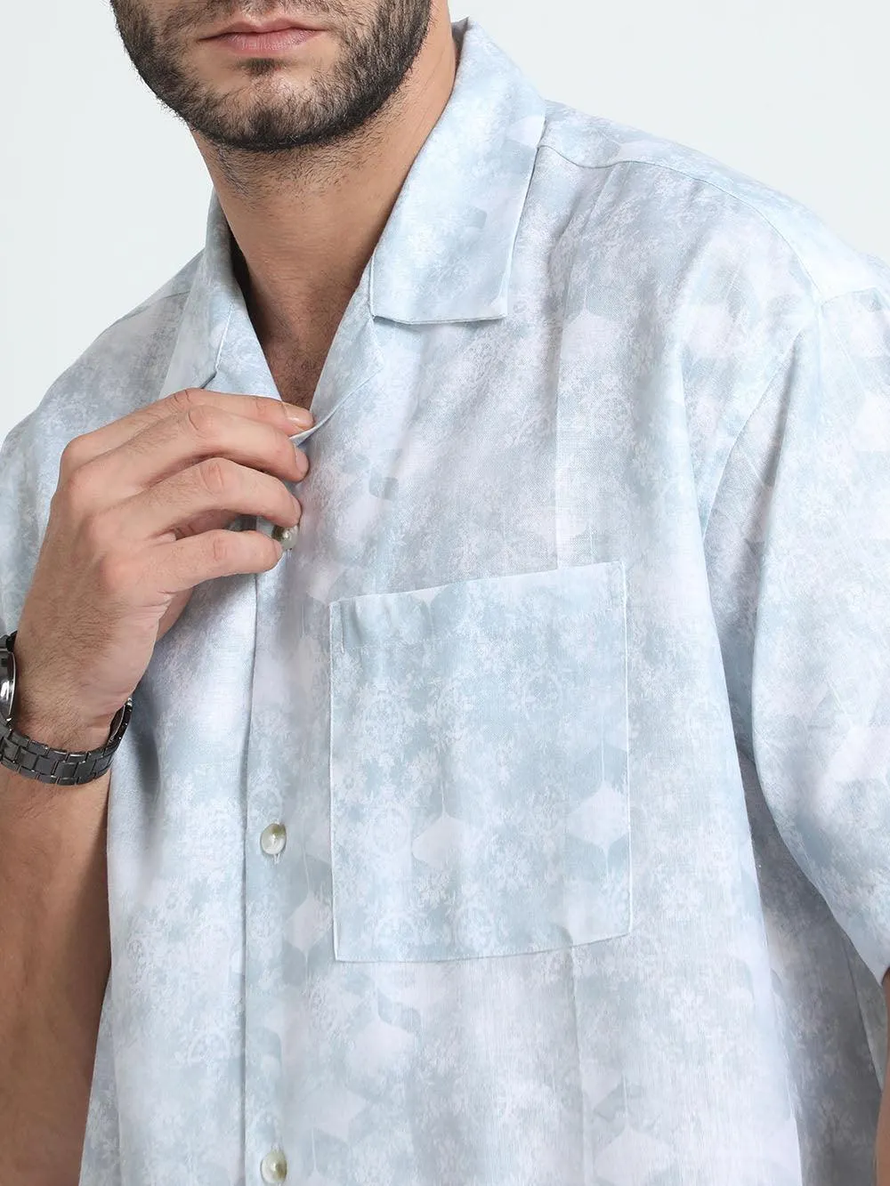 Men's Tropical Blue Printed Baggy Short Sleeve Shirt