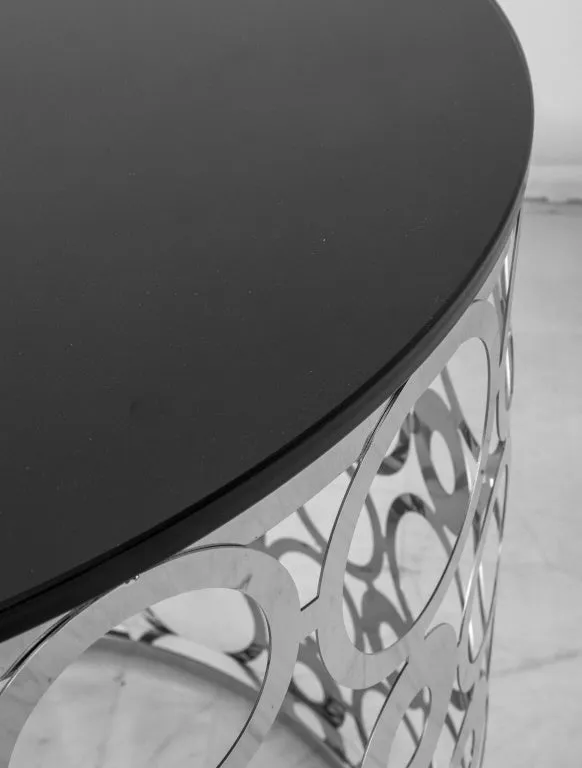 Modern Chrome Drum Table with Black Top