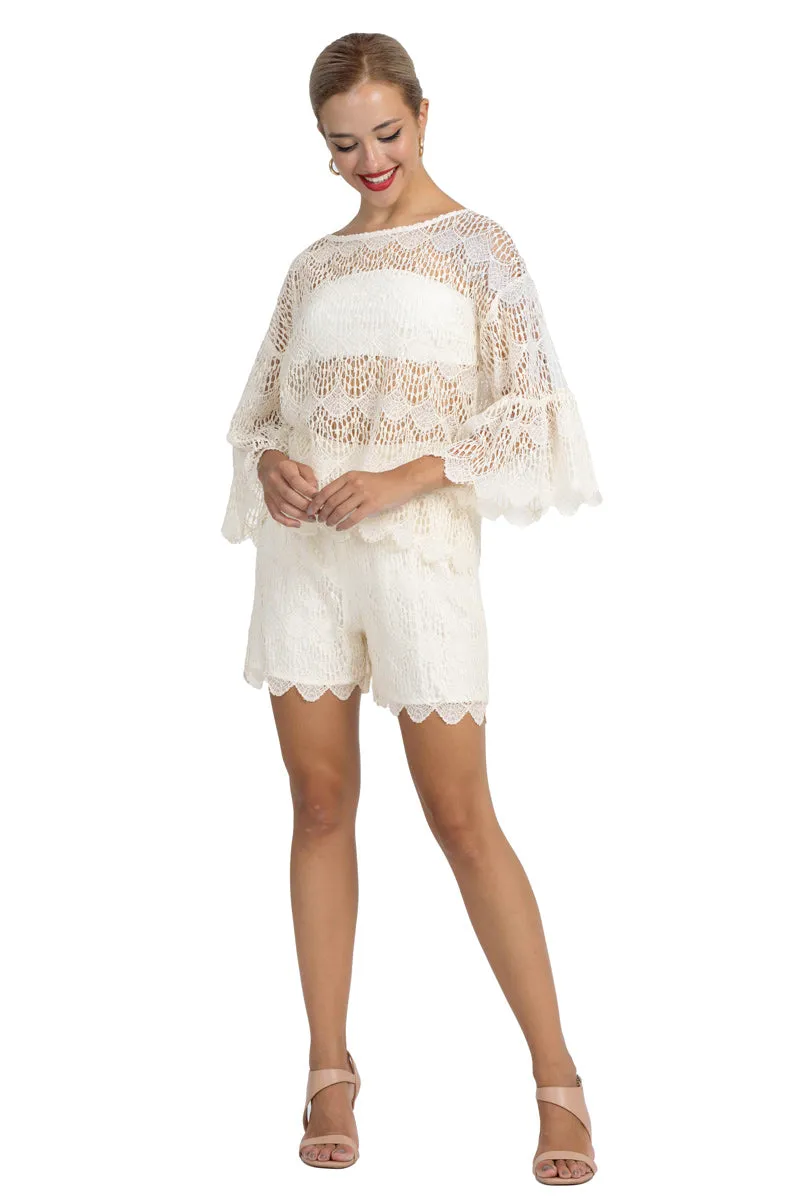 Off-White Boxy Lace Crop Top With Sleeves