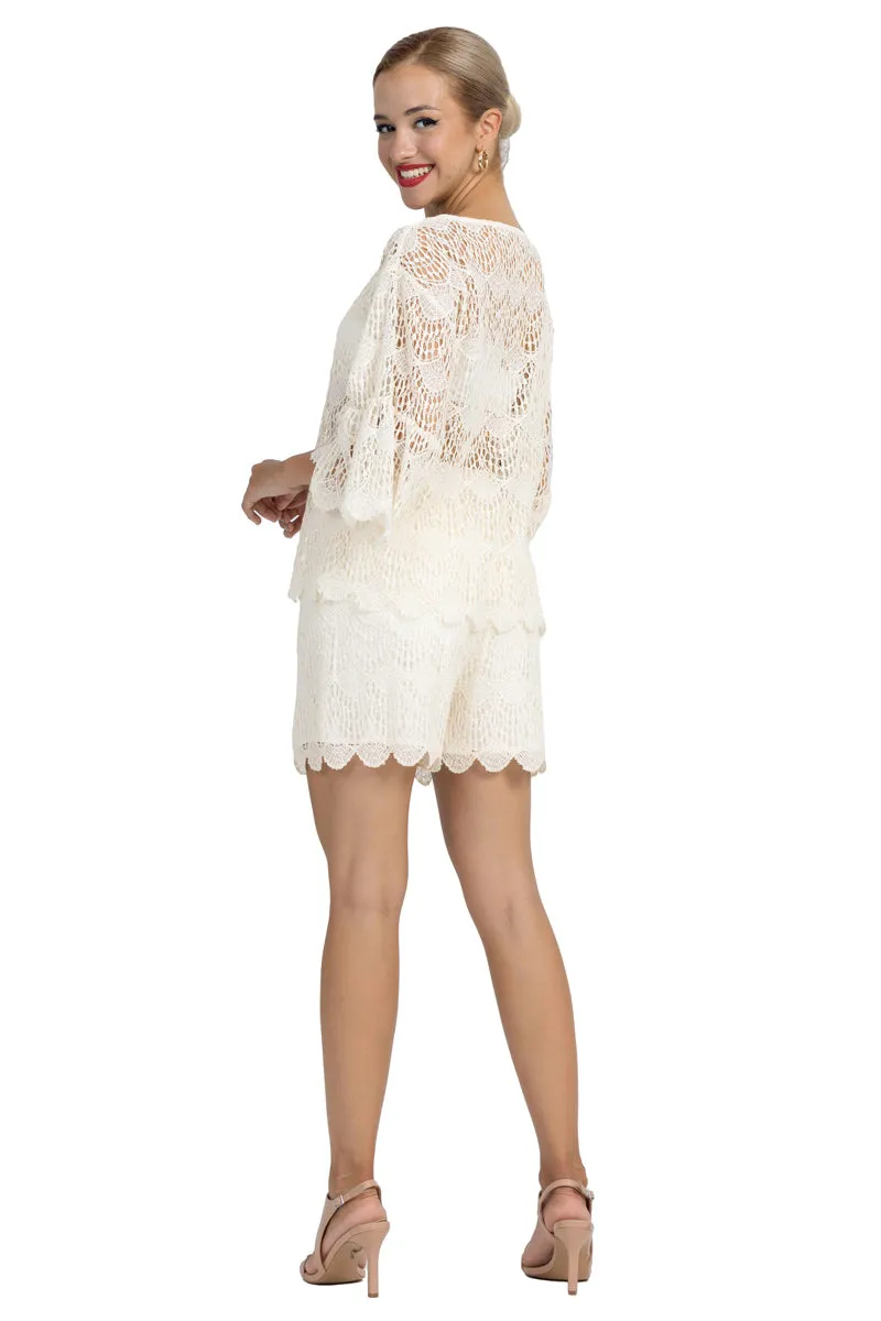 Off-White Boxy Lace Crop Top With Sleeves