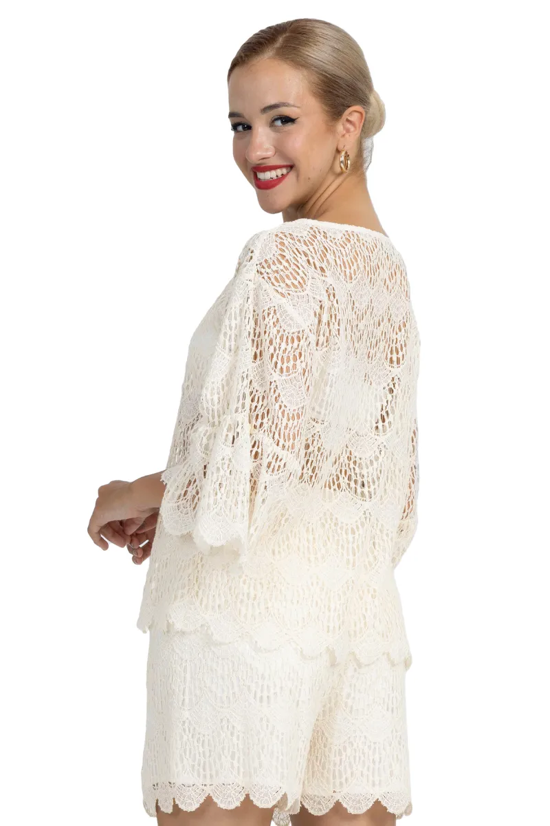 Off-White Boxy Lace Crop Top With Sleeves