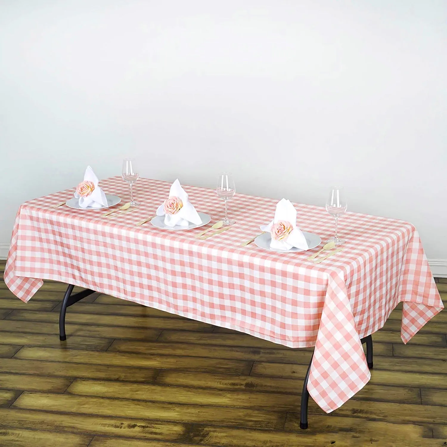 Pink and White Checkered Plaid Gingham Fabric Rectangle Tablecloth, 60" x 102"