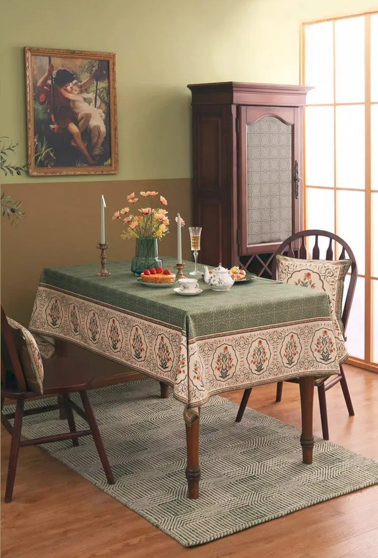 Rectangle Table Cover Ideas for Dining Table, Square Tablecloth for Round Table, Green Flower Pattern Table Cover for Kitchen, Outdoor Picnic Tablecloth