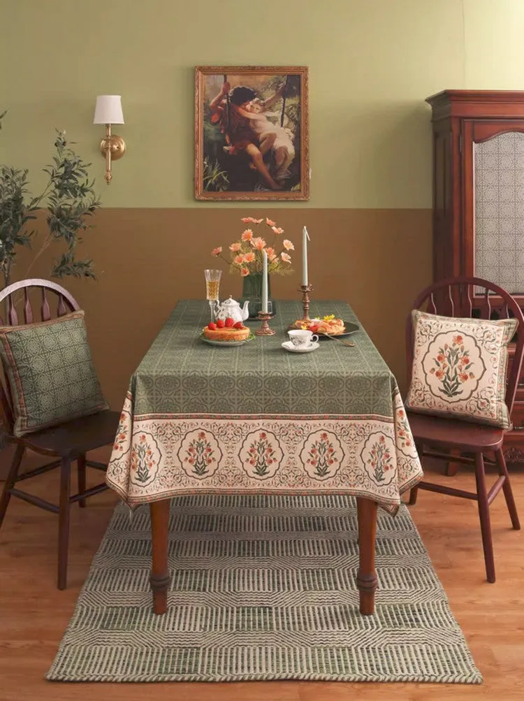 Rectangle Table Cover Ideas for Dining Table, Square Tablecloth for Round Table, Green Flower Pattern Table Cover for Kitchen, Outdoor Picnic Tablecloth