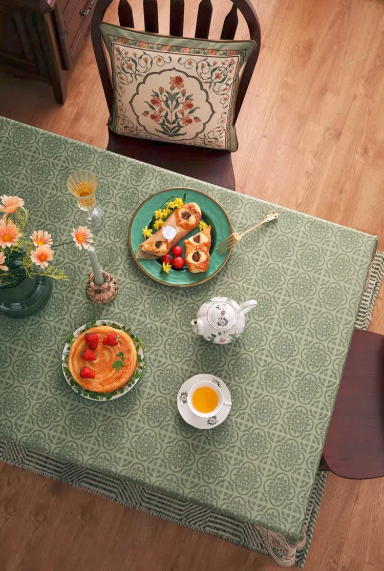 Rectangle Table Cover Ideas for Dining Table, Square Tablecloth for Round Table, Green Flower Pattern Table Cover for Kitchen, Outdoor Picnic Tablecloth
