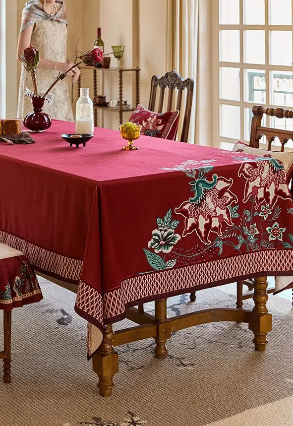 Red Square Tablecloth for Round Table, Farmhouse Table Cloth, Dining Room Flower Table Cloths, Extra Large Rectangular Table Covers for Kitchen, Wedding Tablecloth
