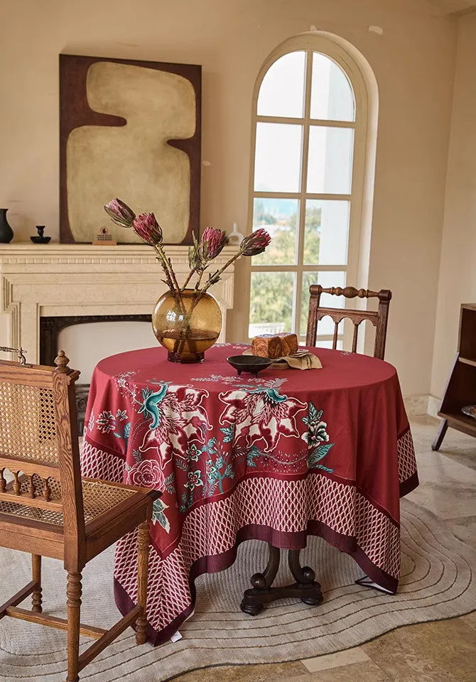 Red Square Tablecloth for Round Table, Farmhouse Table Cloth, Dining Room Flower Table Cloths, Extra Large Rectangular Table Covers for Kitchen, Wedding Tablecloth