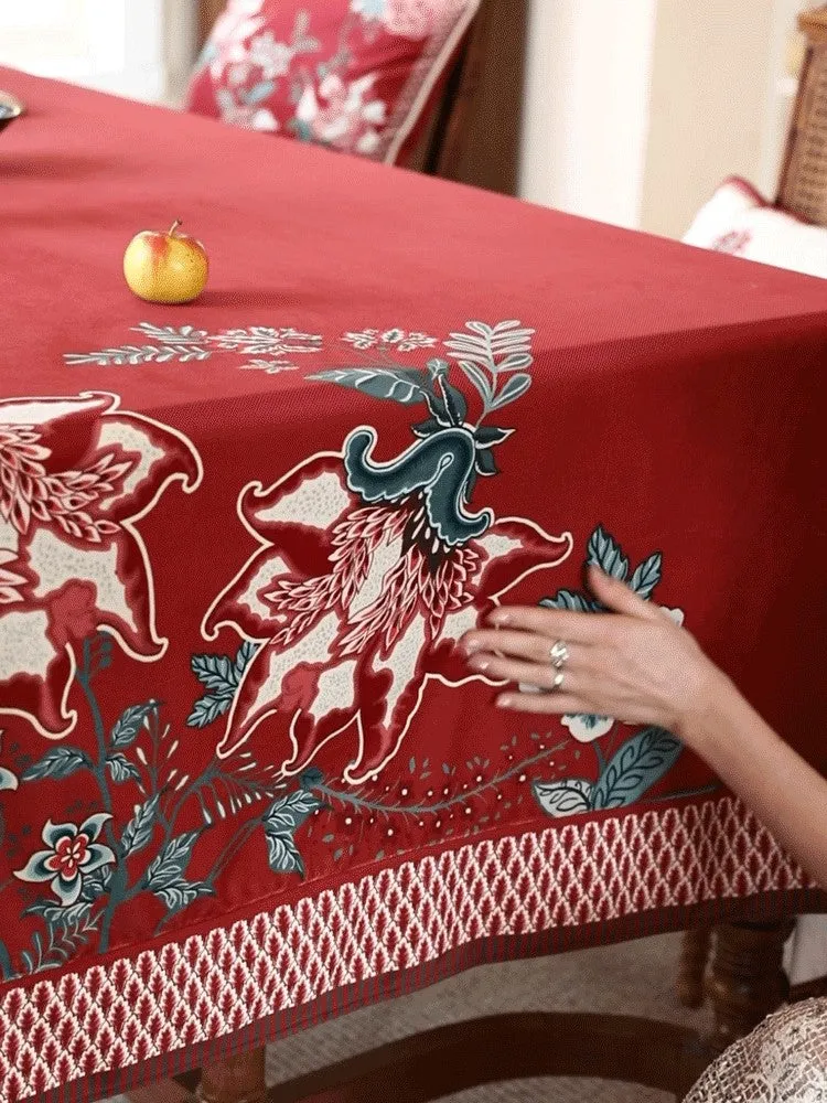 Red Square Tablecloth for Round Table, Farmhouse Table Cloth, Dining Room Flower Table Cloths, Extra Large Rectangular Table Covers for Kitchen, Wedding Tablecloth
