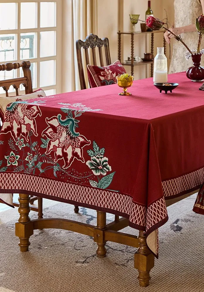 Red Square Tablecloth for Round Table, Farmhouse Table Cloth, Dining Room Flower Table Cloths, Extra Large Rectangular Table Covers for Kitchen, Wedding Tablecloth