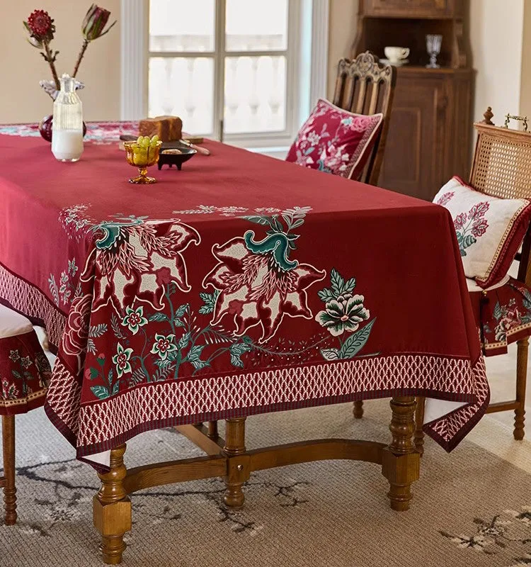Red Square Tablecloth for Round Table, Farmhouse Table Cloth, Dining Room Flower Table Cloths, Extra Large Rectangular Table Covers for Kitchen, Wedding Tablecloth