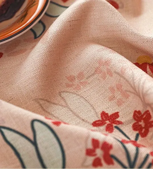 Rustic Flower Pattern Linen Farmhouse Table Cloth, Large Modern Rectangle Tablecloth Ideas for Dining Table, Square Linen Tablecloth for Round Dining Room Table