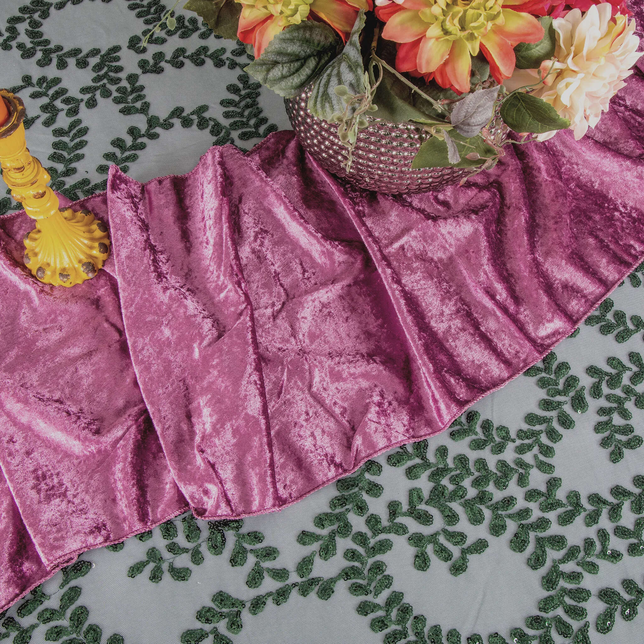 Sequin Vine Tablecloth Overlay 120" Round  - Emerald Green