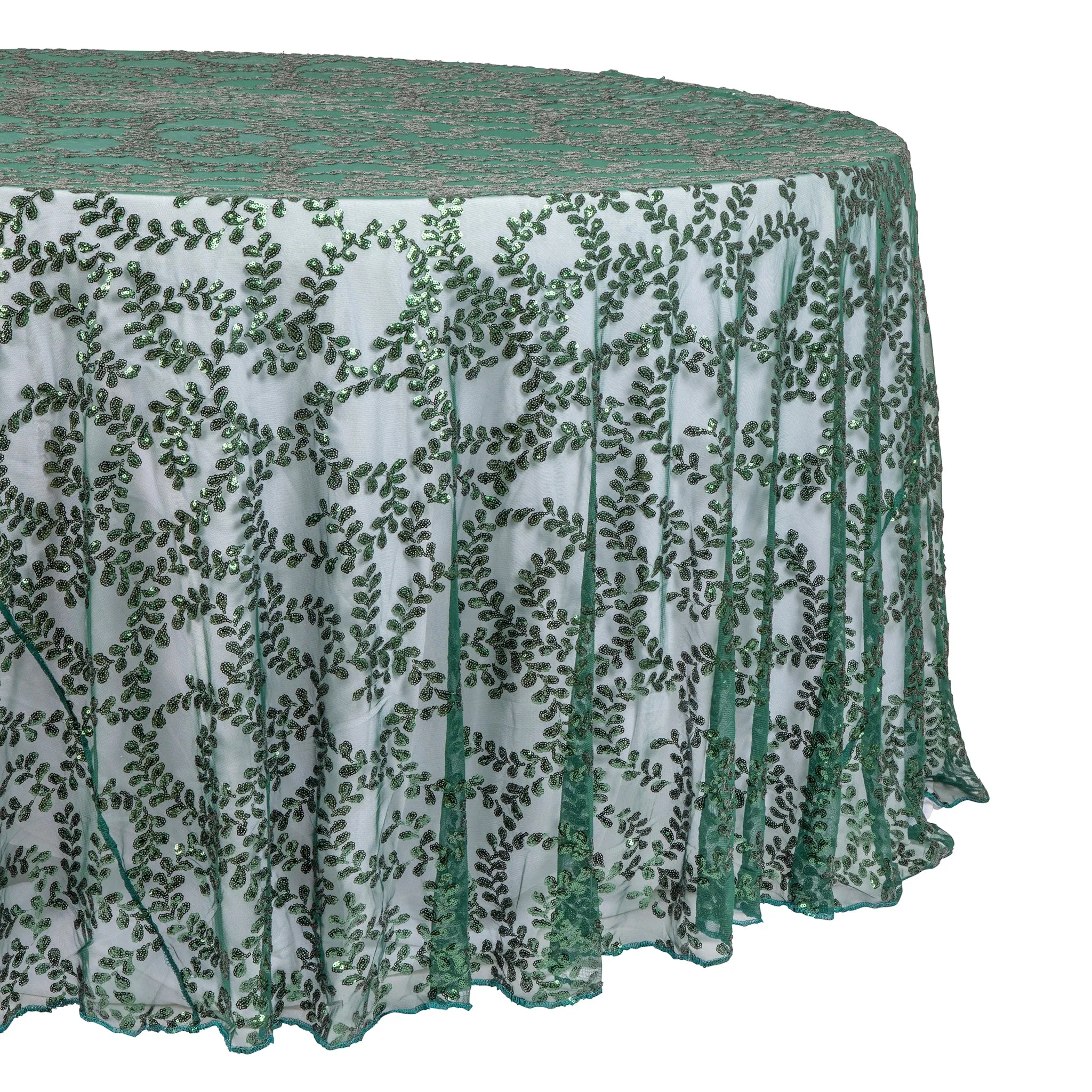 Sequin Vine Tablecloth Overlay 120" Round  - Emerald Green