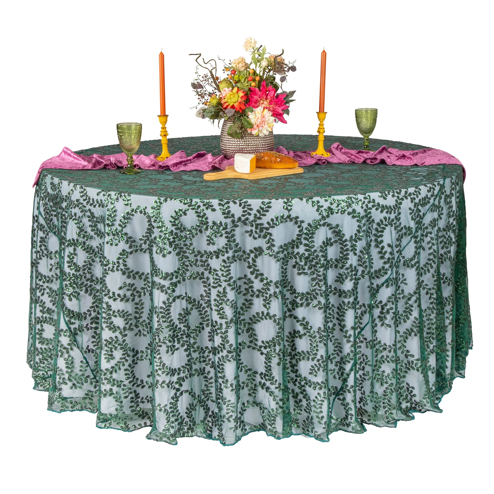 Sequin Vine Tablecloth Overlay 120" Round  - Emerald Green