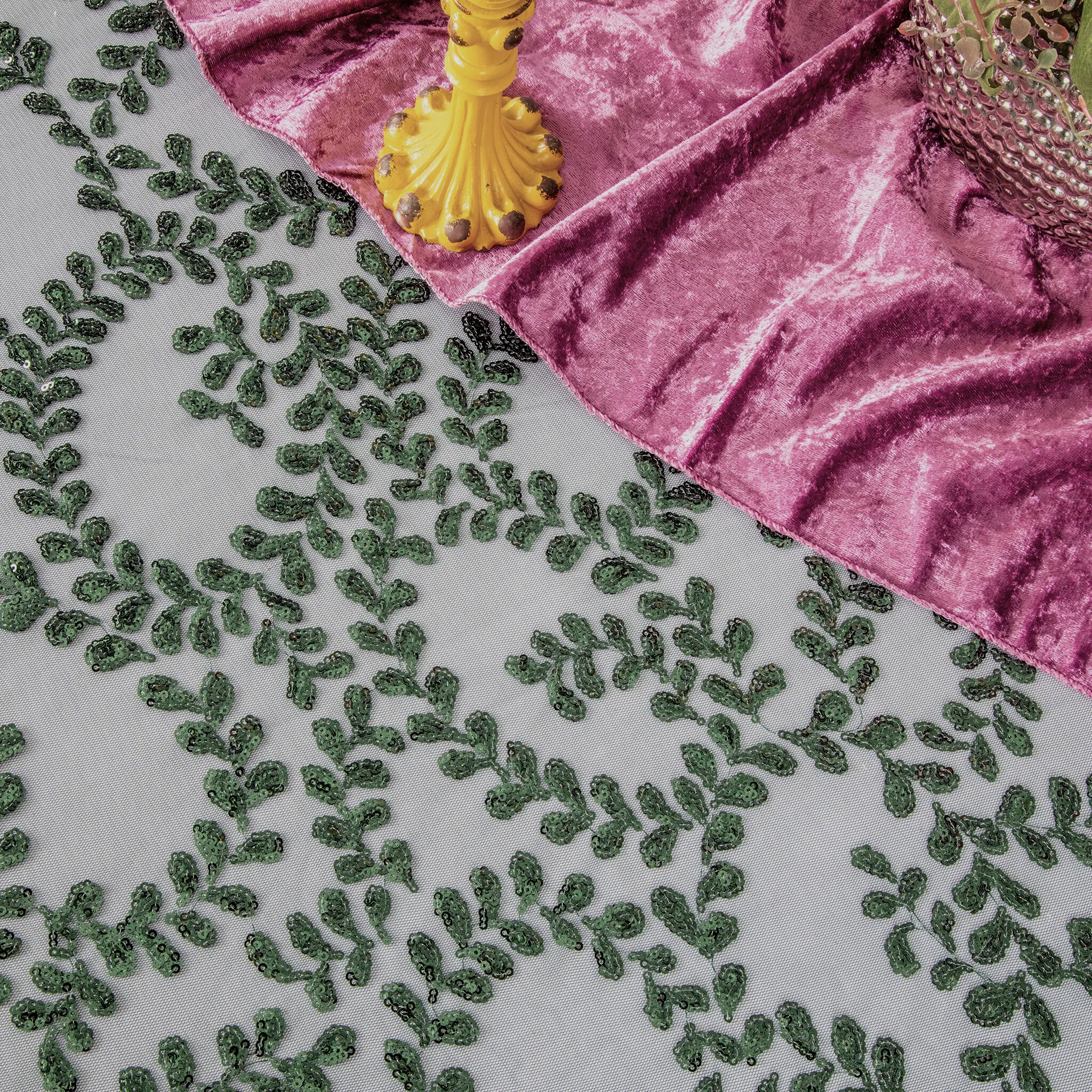 Sequin Vine Tablecloth Overlay 120" Round  - Emerald Green