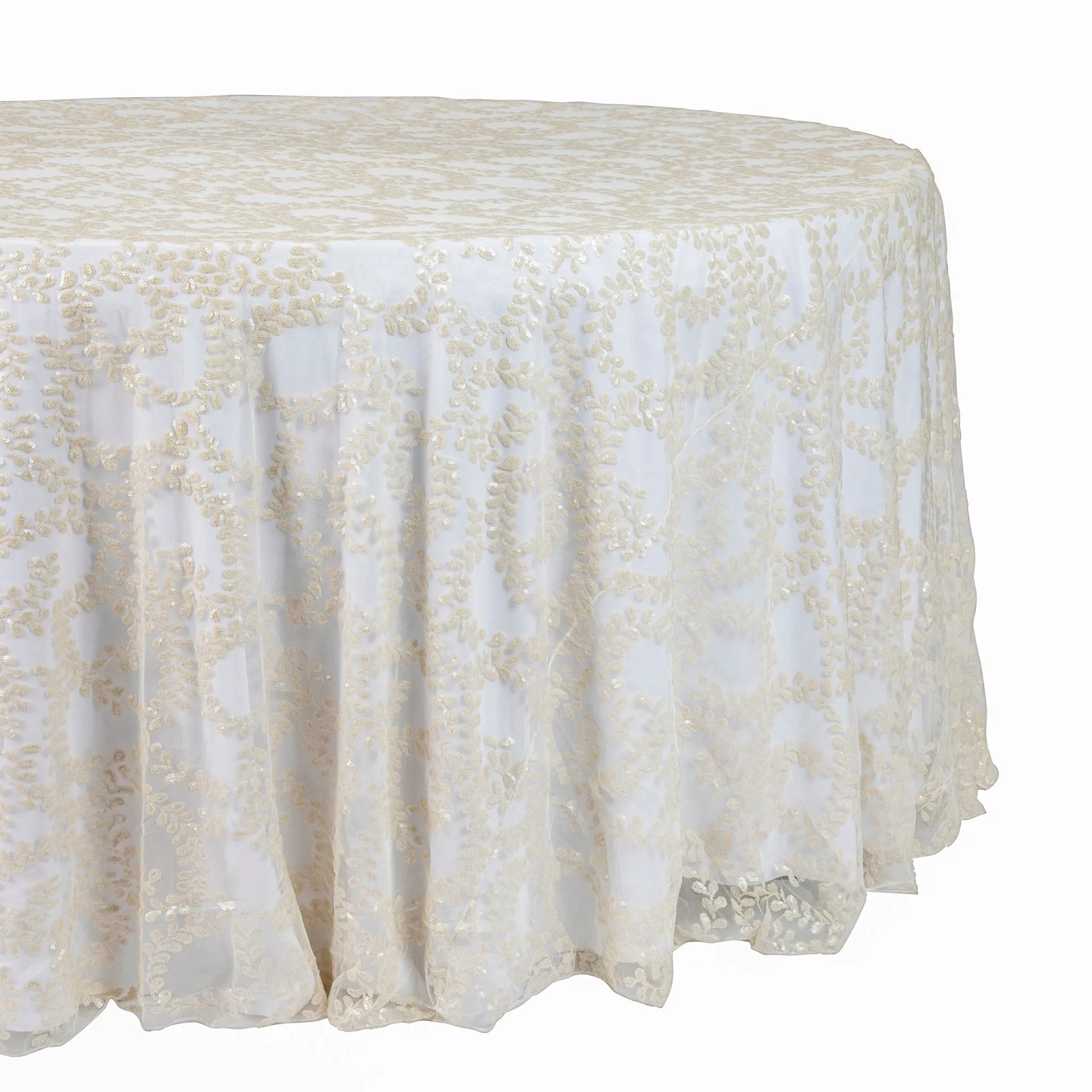 Sequin Vine Tablecloth Overlay 120" Round  - Light Ivory/Off White