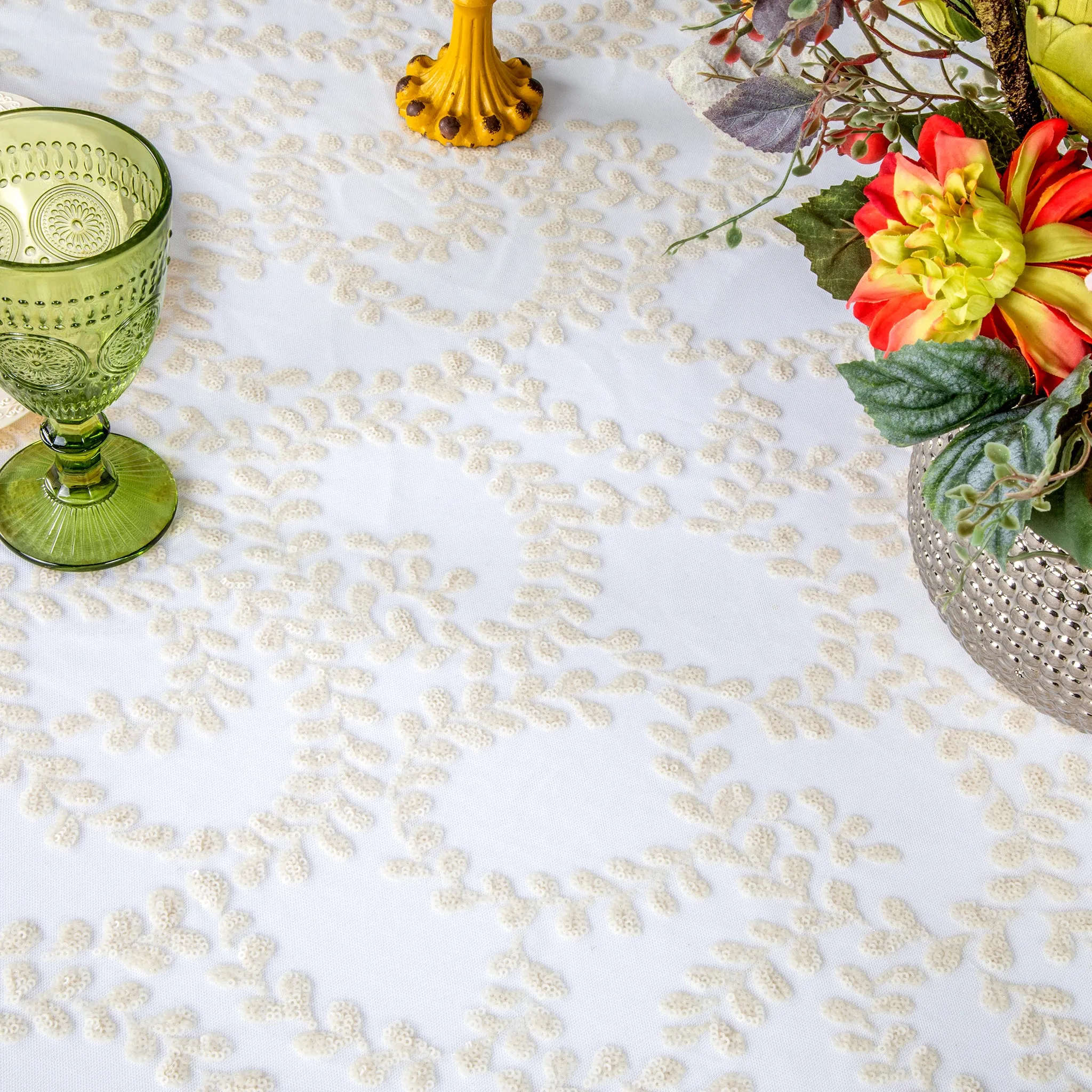 Sequin Vine Tablecloth Overlay 120" Round  - Light Ivory/Off White