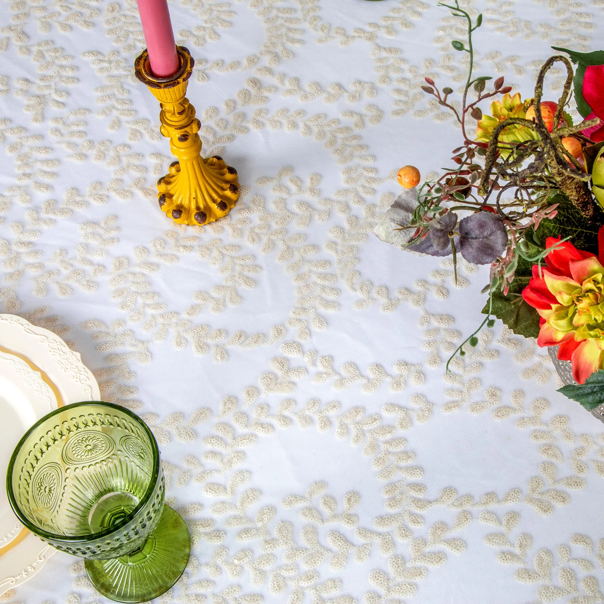 Sequin Vine Tablecloth Overlay 120" Round  - Light Ivory/Off White