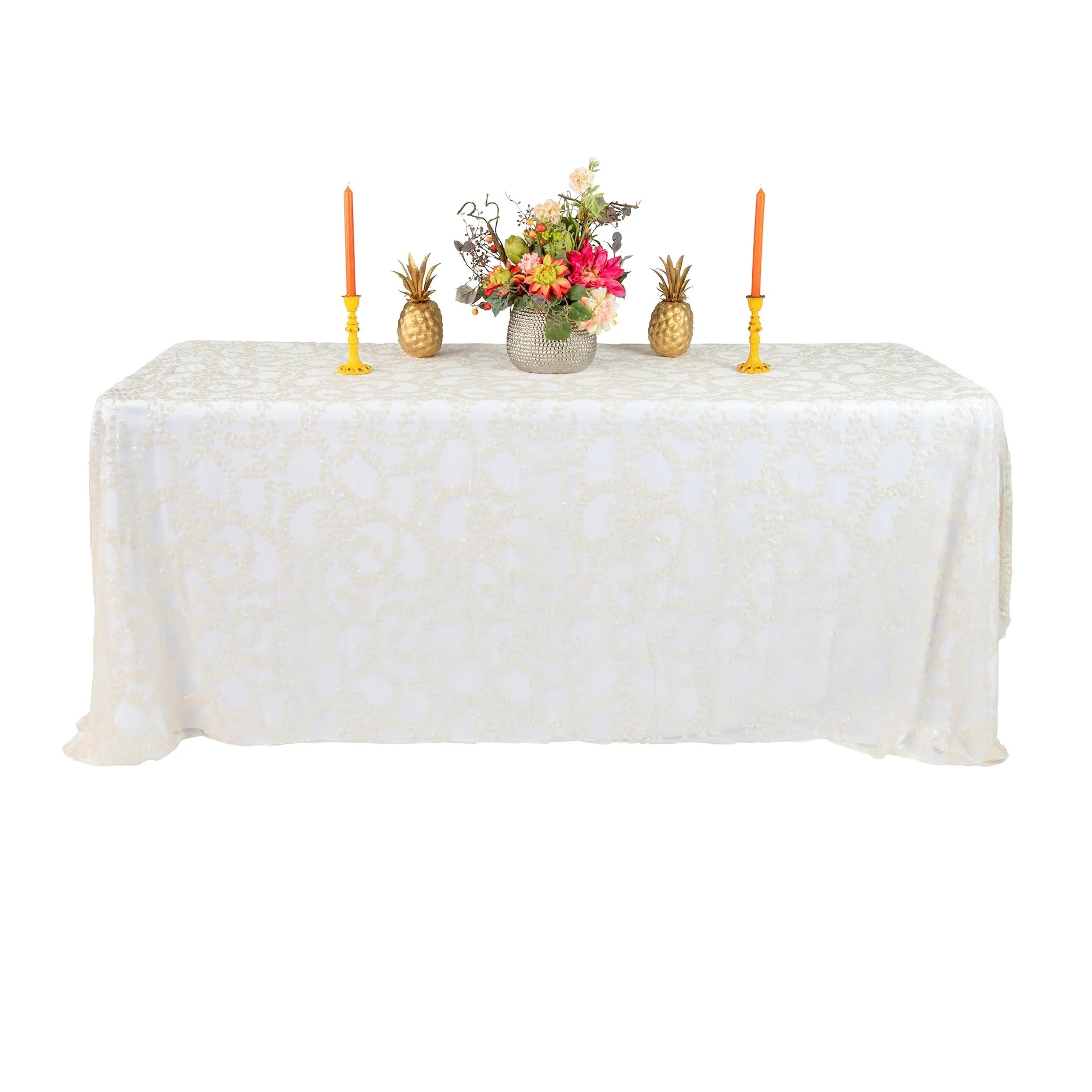 Sequin Vine Tablecloth Overlay 90"x132" Rectangle  - Light Ivory/Off White