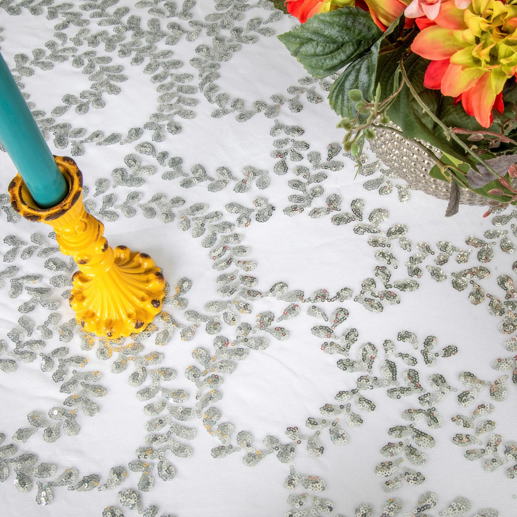 Sequin Vine Tablecloth Overlay 90"x132" Rectangle  - Silver