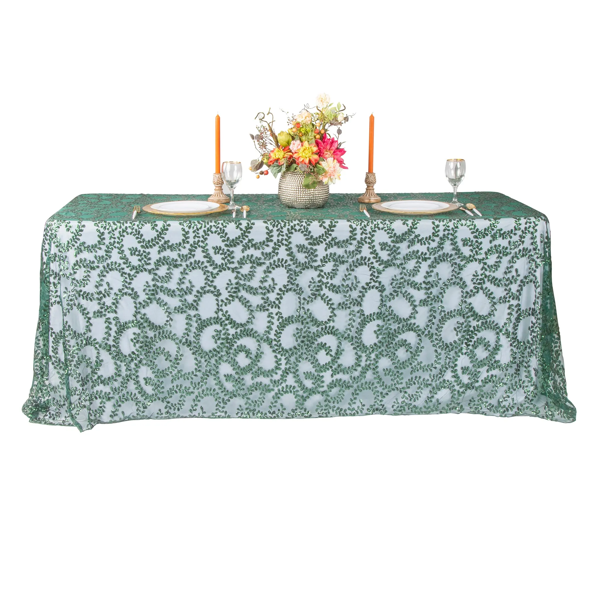 Sequin Vine Tablecloth Overlay 90"x156" Rectangle  - Emerald Green