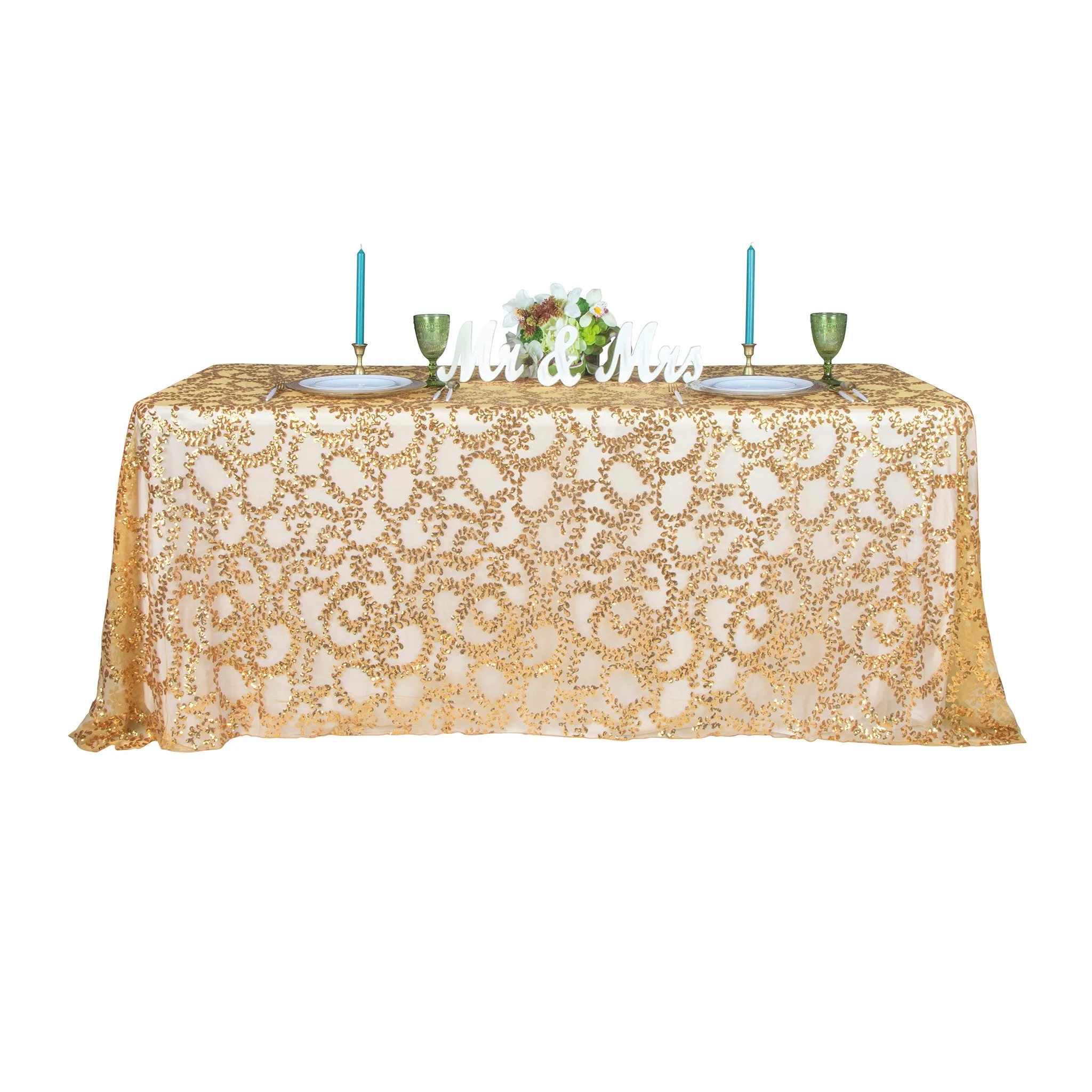 Sequin Vine Tablecloth Overlay 90"x156" Rectangle  - Gold