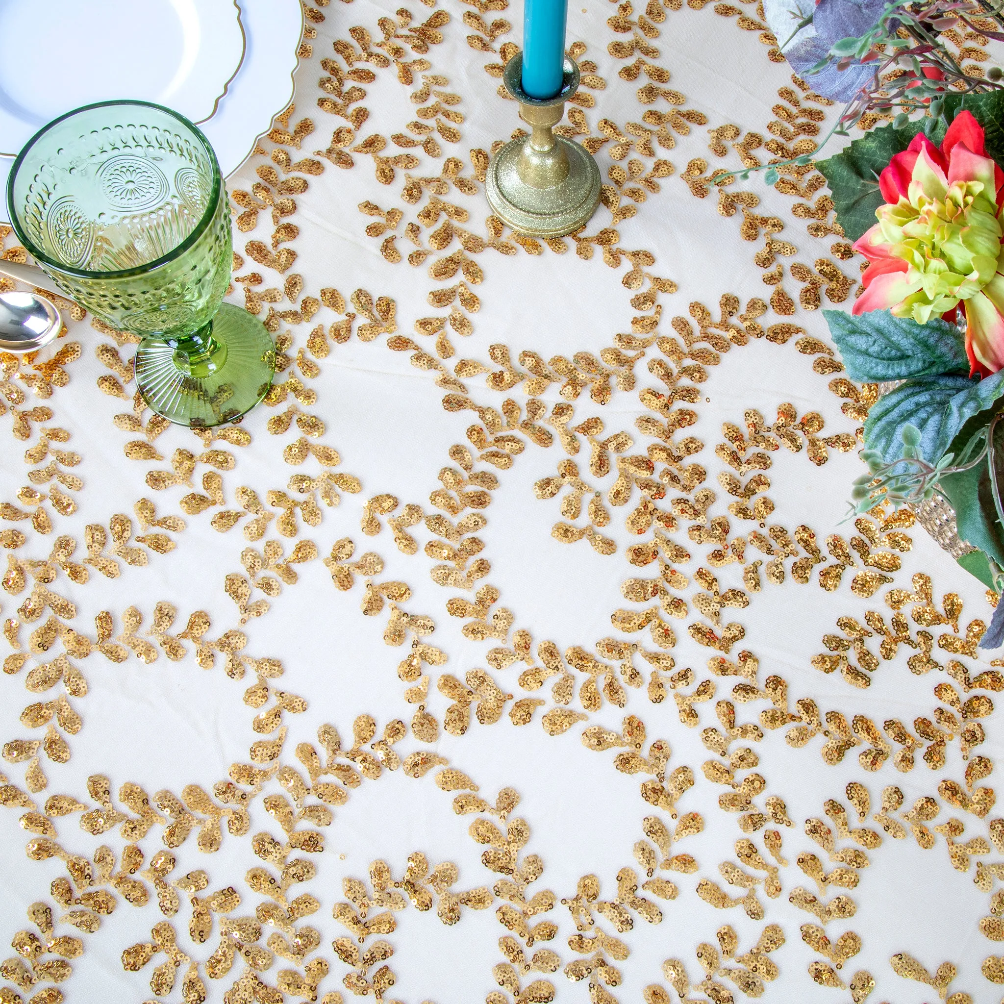 Sequin Vine Tablecloth Overlay 90"x156" Rectangle  - Gold