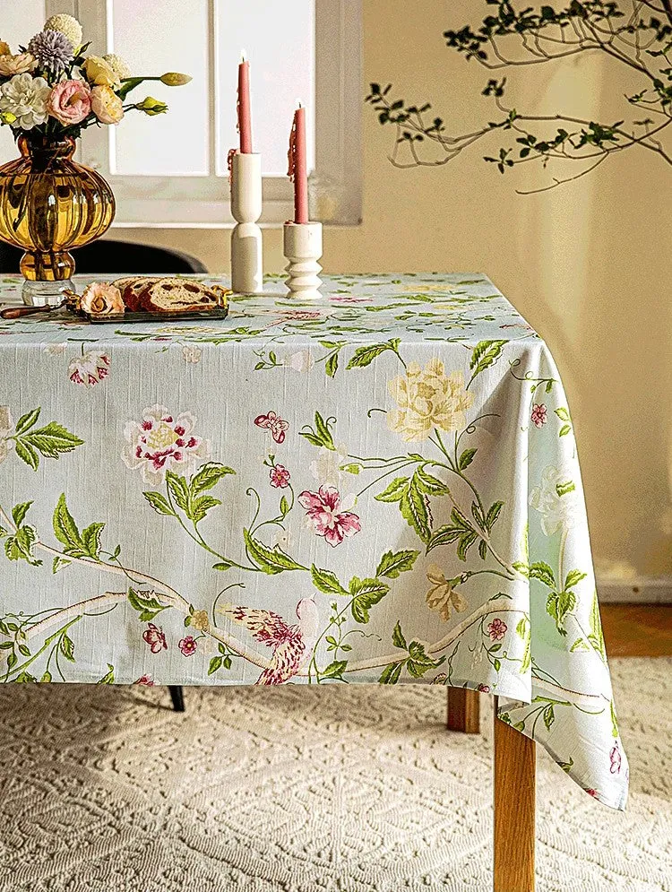 Singing Bird Tablecloth for Round Table, Kitchen Table Cover, Flower Table Cover for Dining Room Table, Modern Rectangle Tablecloth Ideas for Oval Table